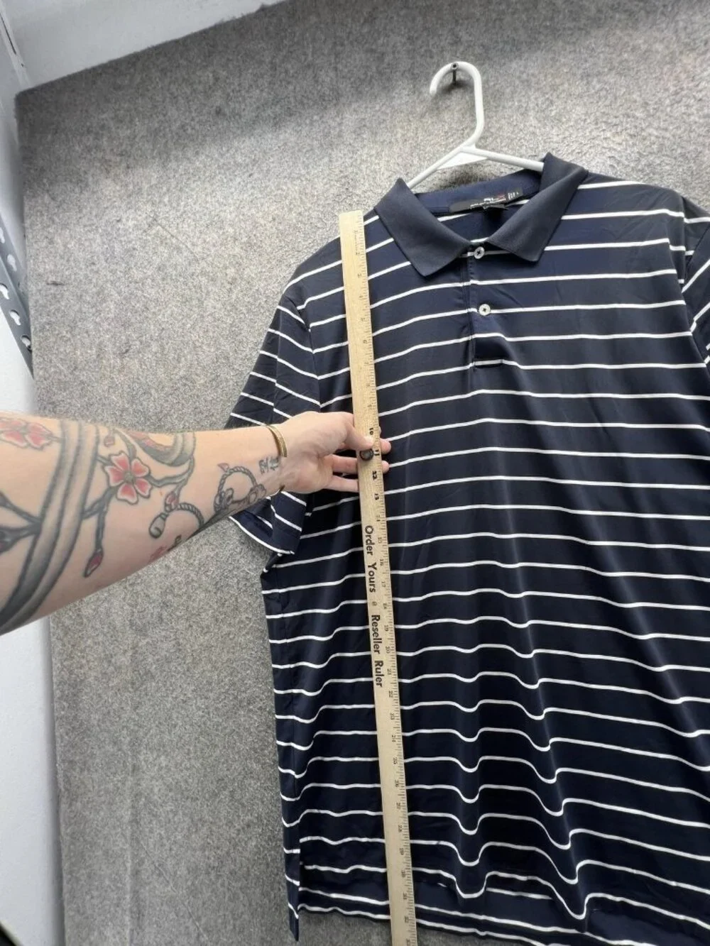 RLX Ralph Lauren Polo Shirt Mens Large Blue Striped Stretch Golf Performance
